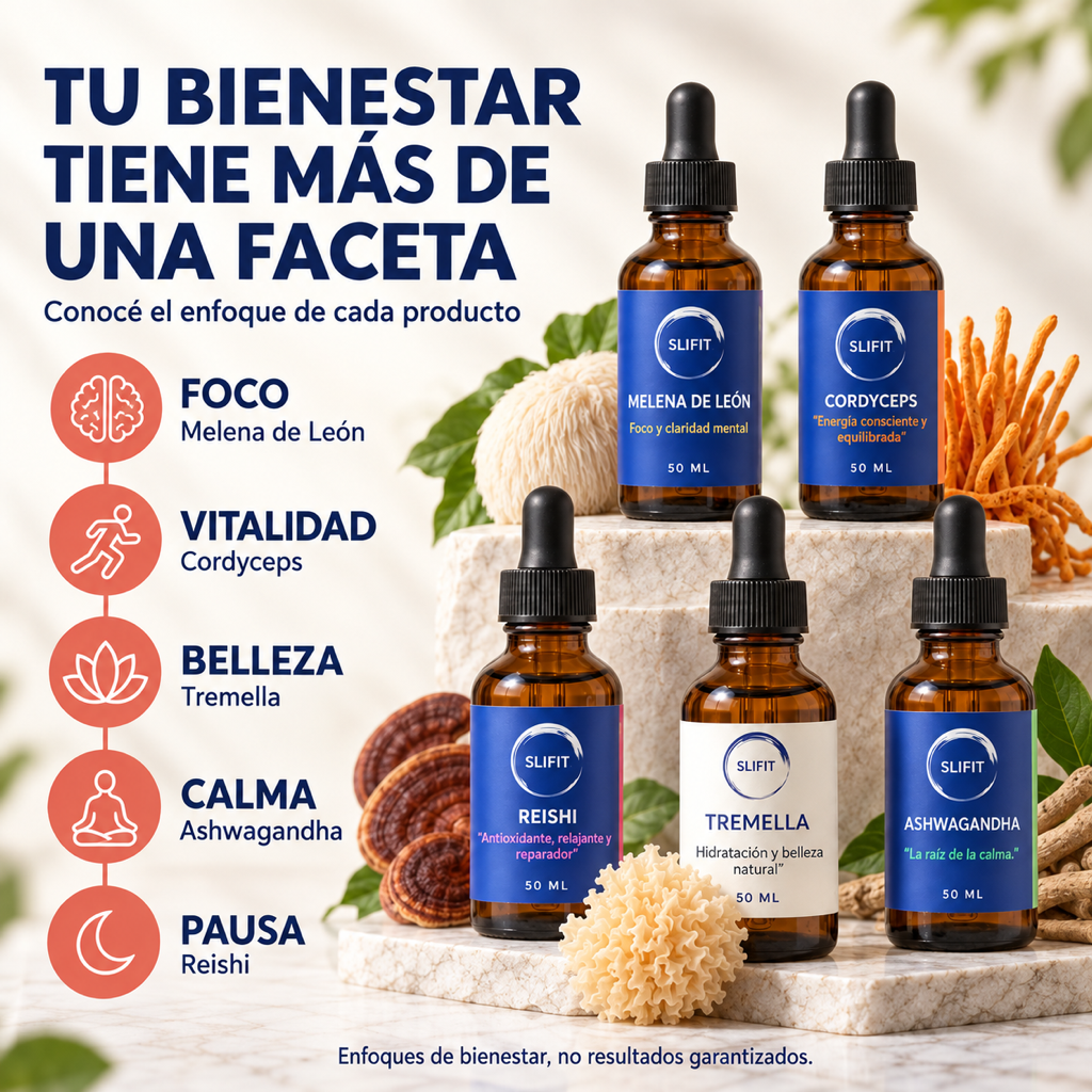 Enfoque de cada adaptógeno SLIFIT: Melena de León foco, Cordyceps vitalidad, Tremella belleza, Ashwagandha calma, Reishi pausa