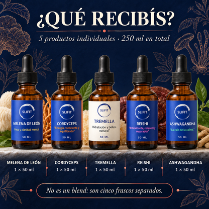 Contenido del Kit Completo SLIFIT: Melena de León, Cordyceps, Tremella, Reishi y Ashwagandha de 50 ml