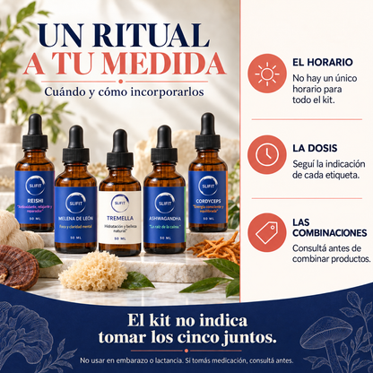 Cómo tomar el Kit Completo SLIFIT: Melena y Cordyceps a la mañana, Tremella durante el día, Reishi y Ashwagandha a la noche